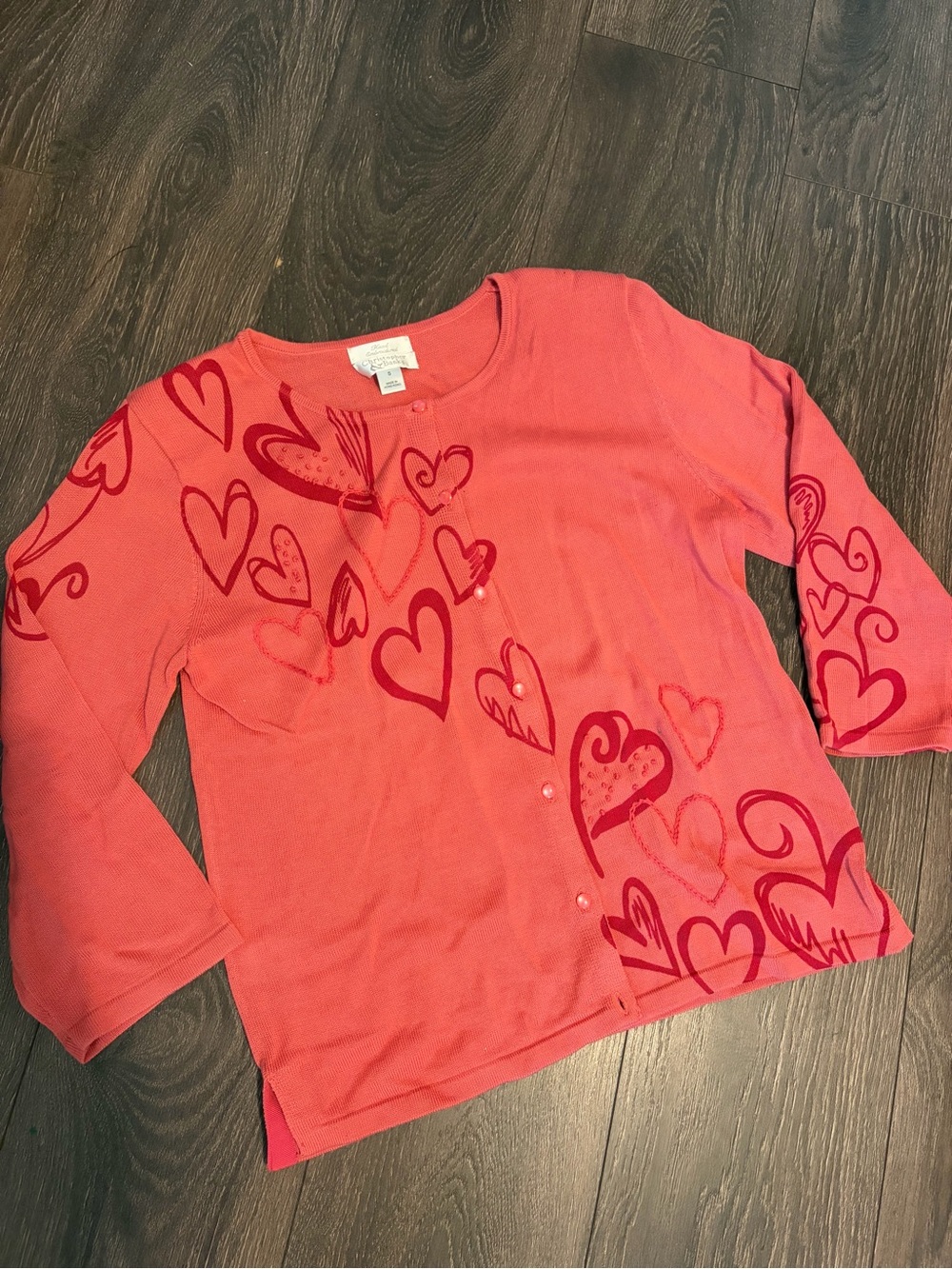 Christopher & Banks Coral Cardigan with Red Heart Print Vtg Cottagecore S